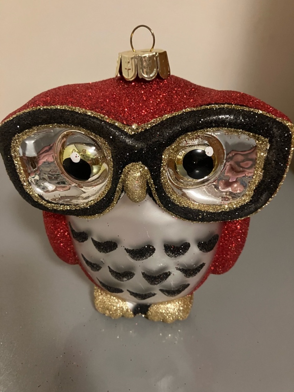 Blown Glass Owl With Glasses - Holiday Christmas Ornament - Red Glitter